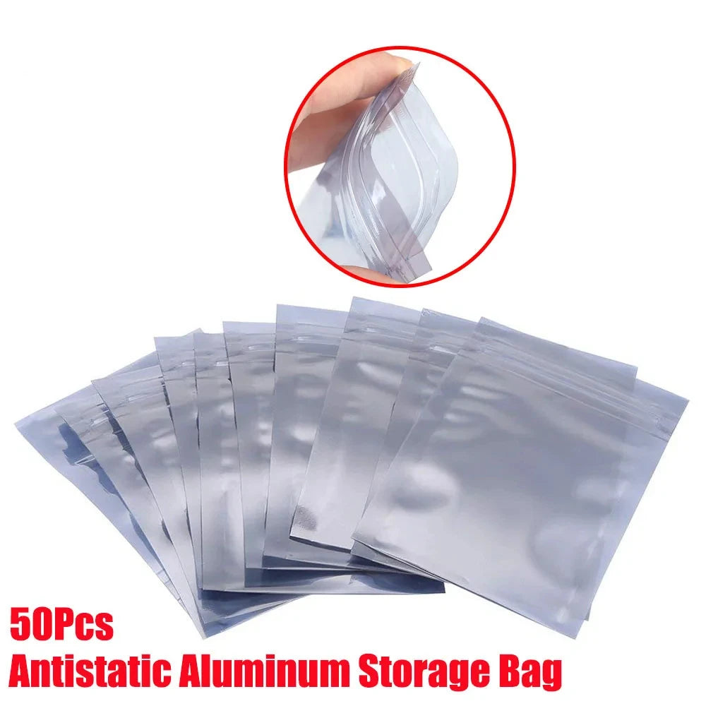 50Pcs Aluminum Antistatic Bag Resealable Anti Static Ziplock Bags Pouch Anti Static Package Mylar Bags for Electronic Pouches