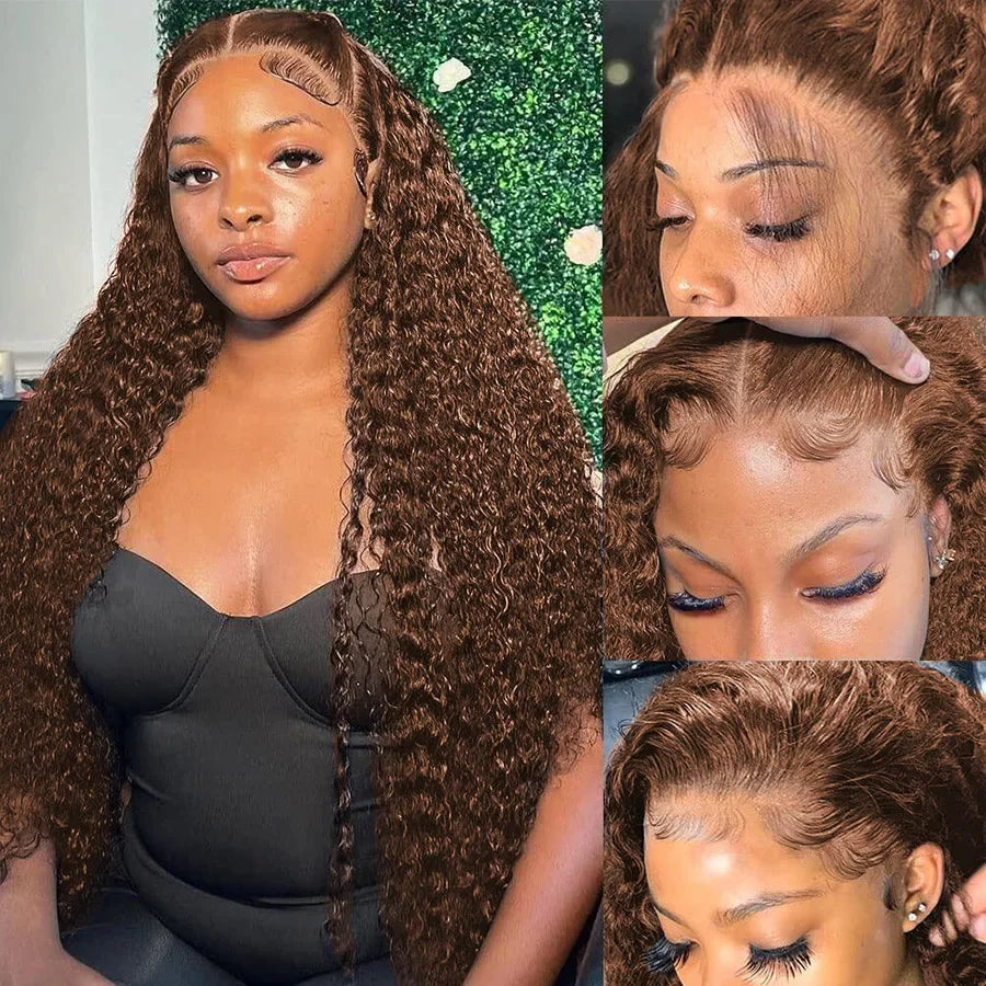 200% Chocolate Brown Deep Wave Human Hair Wig 30 38Inch Transparent Lace Frontal Wigs For Women 13x6 Lace Front Water Curly Wigs