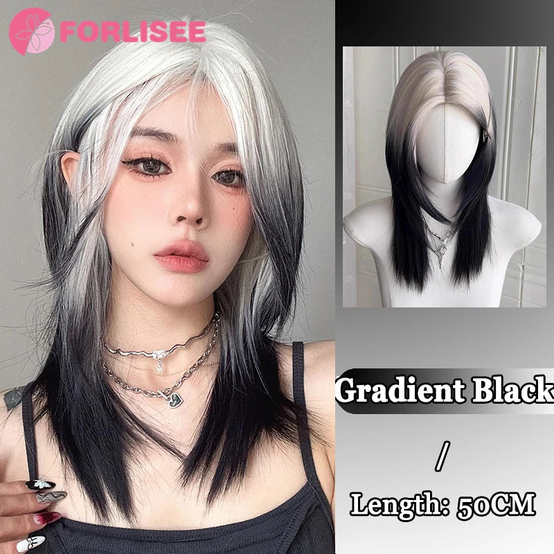 FORLISEE 20 Inch Black And White Mullet Head Wig Synthetic Straight Fluffy Natural Wolf Tail Hair for Daily Use Party Cosplay