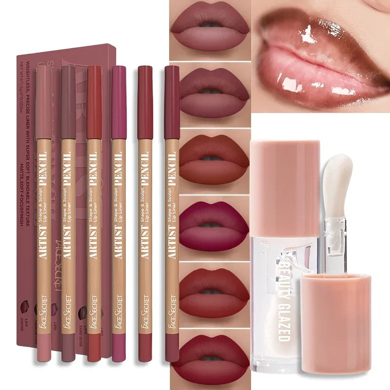 7Pcs Lip Set Velvet Matte Waterproof Lip Liner + Lip Oil Set Long-lasting Matte Lip Pencil Lip Liner Makeup Set