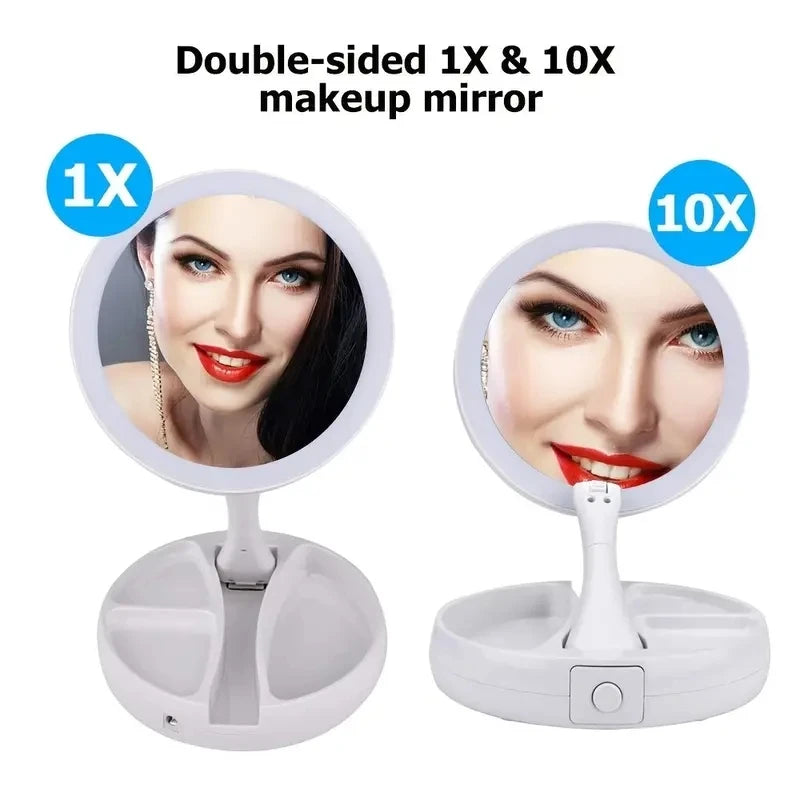 Double-Sided Travel LED Makeup Mirror with 10X Magnification Folding Portable Cosmetic Mirror with Lights Dual Powered Supply