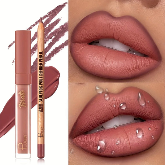 2pcs Velvet matte lip liner and lipstick set, durable, waterproof, sweat-proof and easy to color.Suitable for daily makeup looks