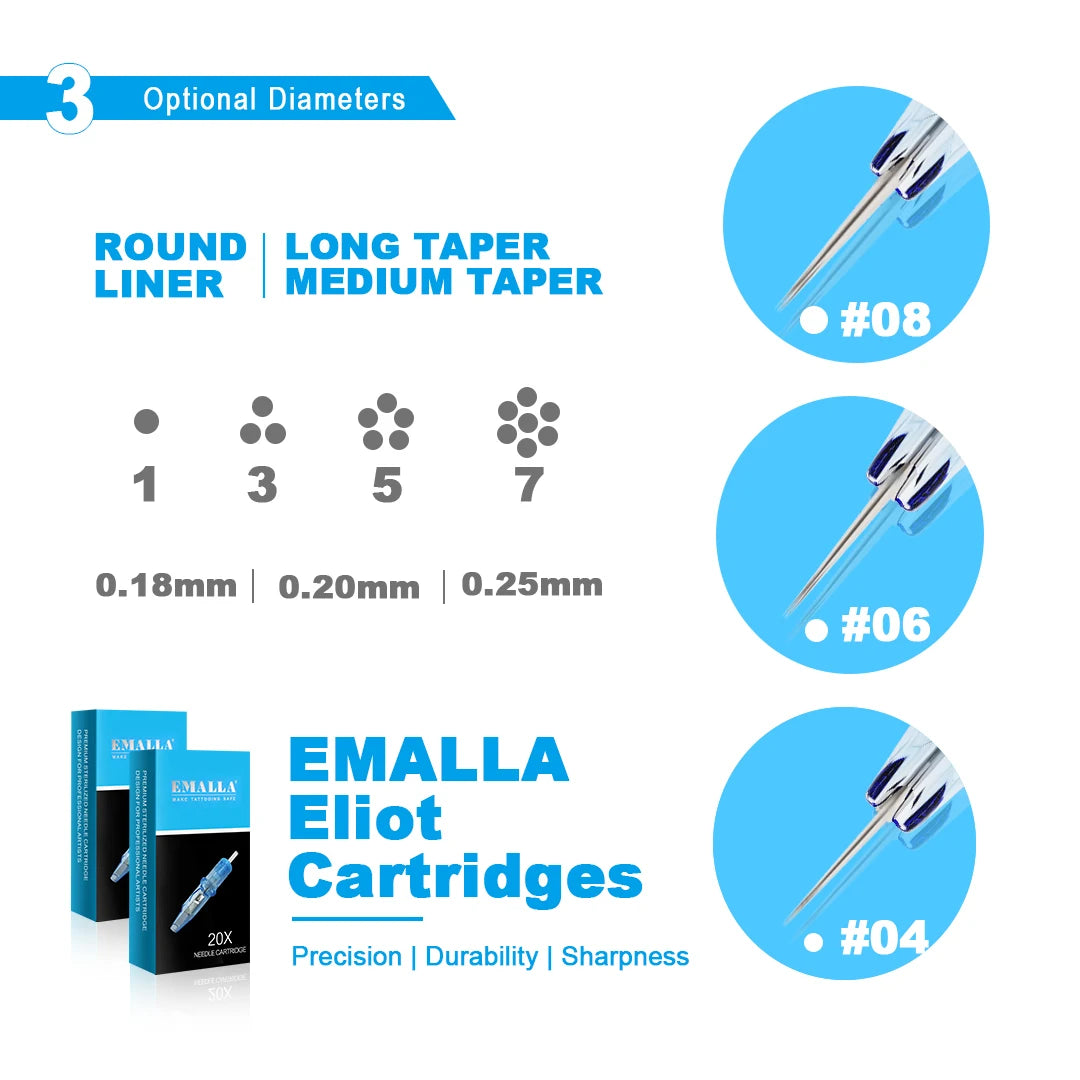 20/10pcs EMALLA Eliot Tattoo Cartridge Needles RL RS CM MG Disposable Sterilize Tattoo Permanent Makeup Cartridge Machine Needle