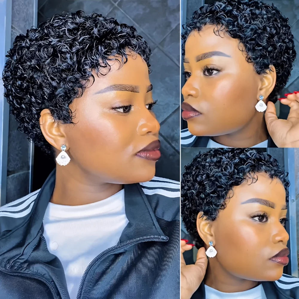 Jerry Curly Wave Pixie cut Human Hair Wig Short Hair Wig Wig Full Machine Made for Women