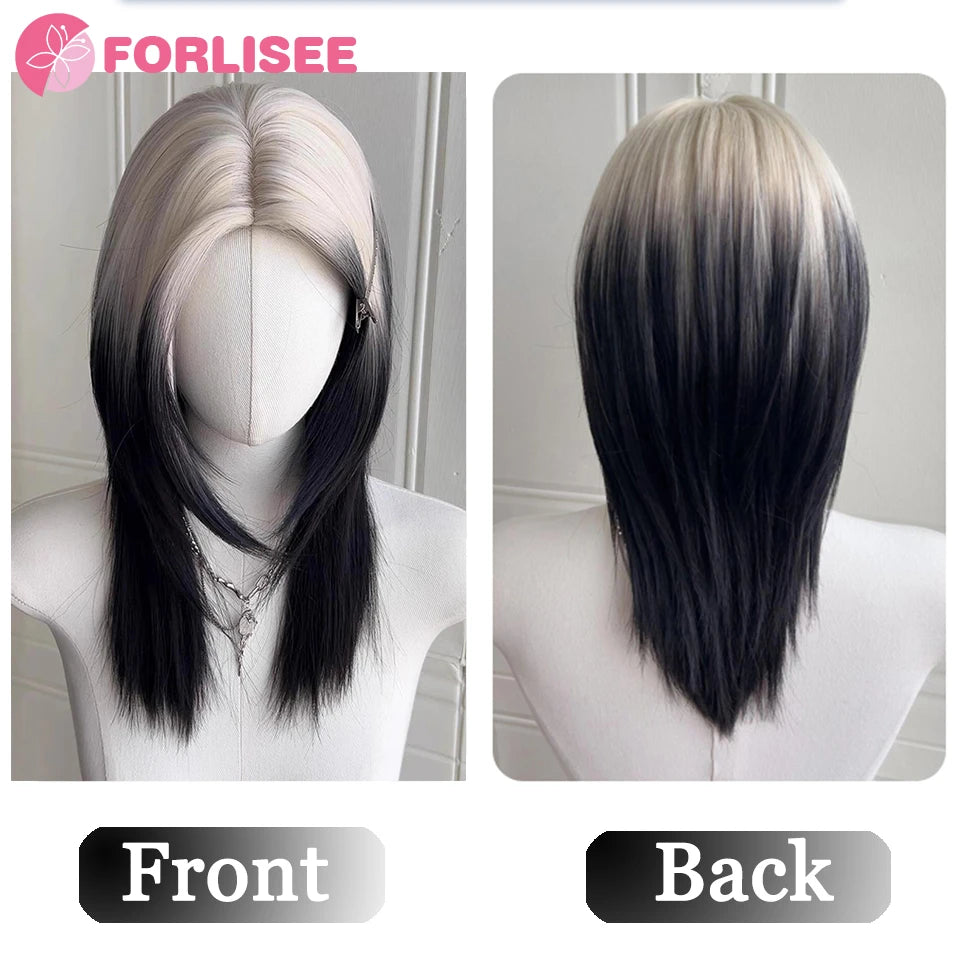 FORLISEE 20 Inch Black And White Mullet Head Wig Synthetic Straight Fluffy Natural Wolf Tail Hair for Daily Use Party Cosplay