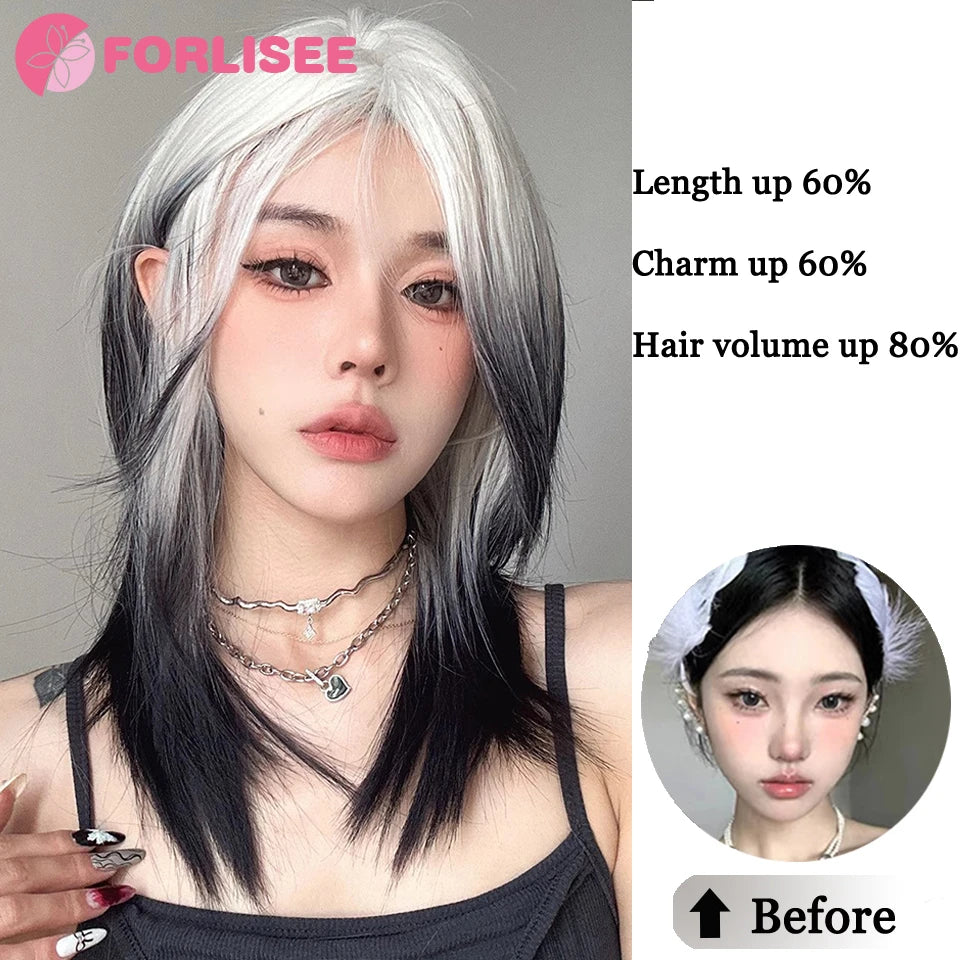 FORLISEE 20 Inch Black And White Mullet Head Wig Synthetic Straight Fluffy Natural Wolf Tail Hair for Daily Use Party Cosplay