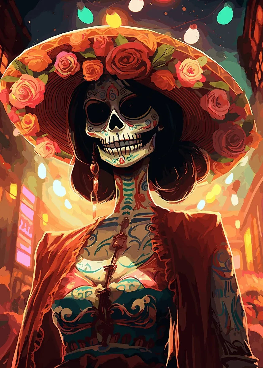 Classic Mexican Day Of The Dead Dance Posters Skeleton Makeup Woman Lit Candle Modern Prints Canvas Wall Picture Home Room Decor