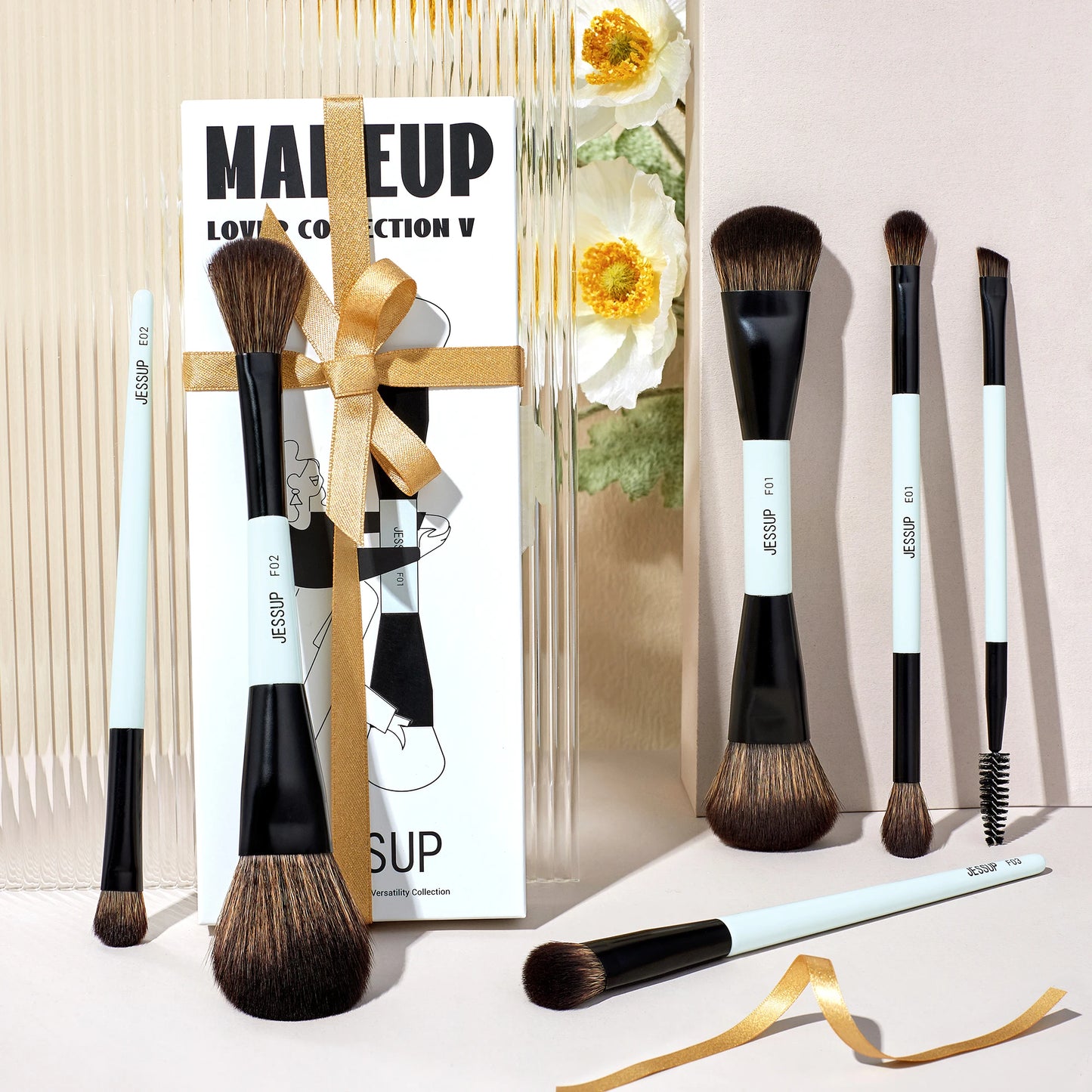 Jessup Makeup Brush Set Double Sided Makeup Brushes Foundation Contour Blush Blending Eyebrow Shadow,Fiber Bright Cyan T501