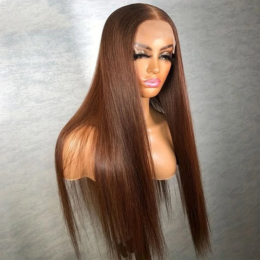 Brown Soft Preplucked Soft 26“Long Straight 180Density Lace Front Wig Synthetic For Women Heat Resistant Glueless