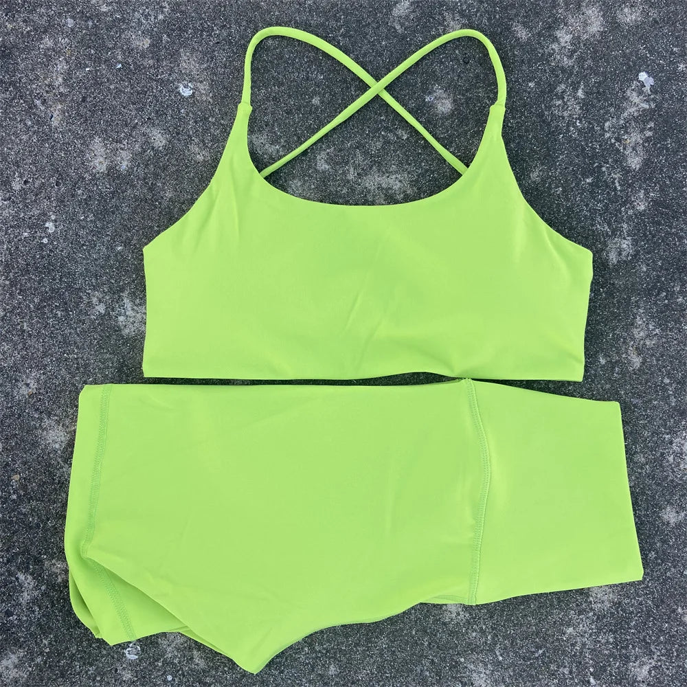 Solid Color Soft Gym Yoga Set Short Legging +Cross Back Sport Bra Tracksuit Women Gym Suit Comprehensive Training Jog Athletic