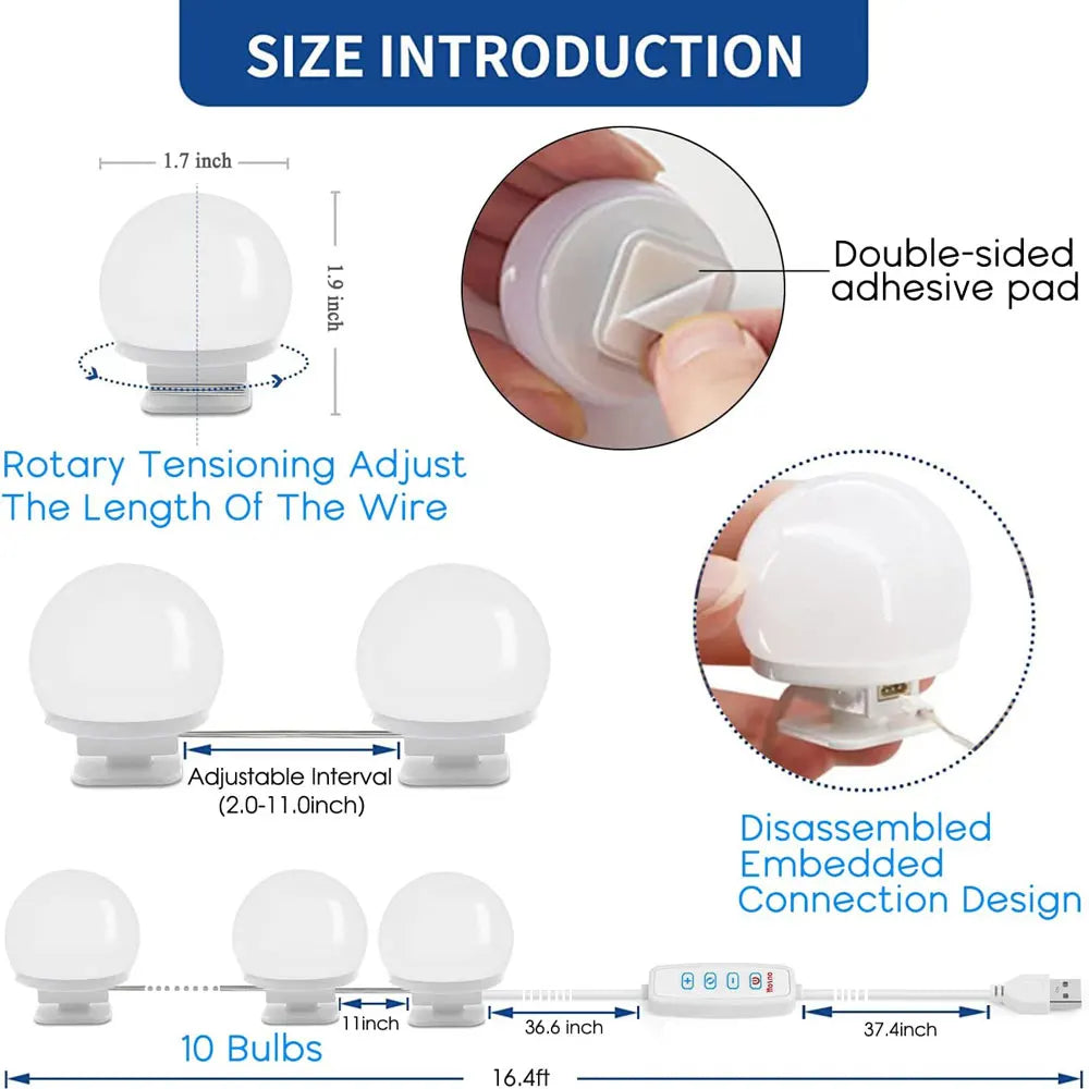 Vanity Mirror Lights Kit Adjustable Color And Brightness With 10 LED Light Bulbs Fixture Strip For Makeup