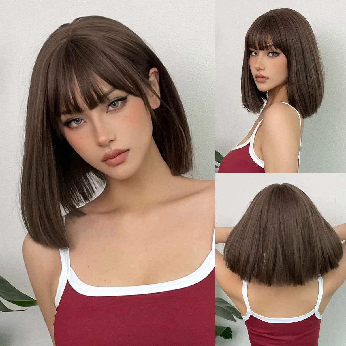 Short Black Synthetic Wig Natural Fringe Straight Bob Short Music Festival Party Cosplay Daily Use Full Head Cover