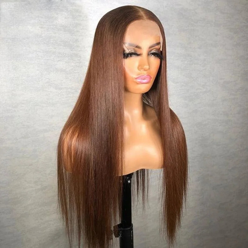Brown Soft Preplucked Soft 26“Long Straight 180Density Lace Front Wig Synthetic For Women Heat Resistant Glueless