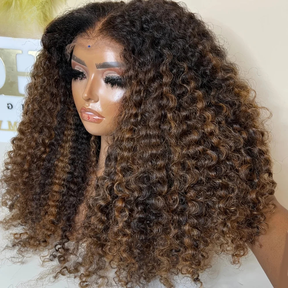 26Inch Soft Preplucked  Highlight Brown180Density kinky Curly Lace Front Wig Synthetic Baby Hair Glueless Daily Wear Wig