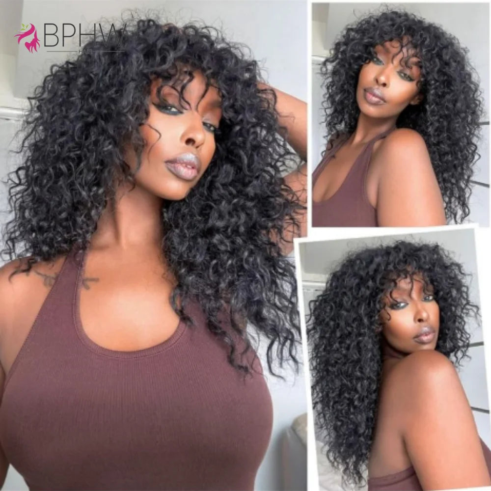 Water Wave Wig With Bangs Brazilian Human Hair For Women 180% Density Full Machine Made Deep Wave Curly Water Wigs BPHW Hair