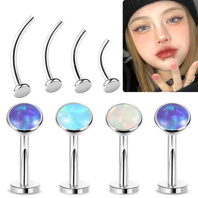 2pc 3/4/5mm Opal Steel Curved Labret Stud Monroe Lip Internally Threaded 6mm - 12mm Bar Earring Piercing 16g 1.2mm