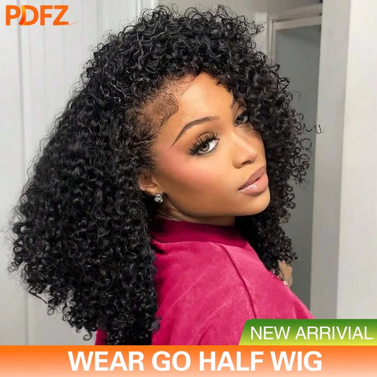 Half Wig Kinky Curly Human Hair Wigs 250% Curly Wigs 100% Human Hair No Leave Out Upgrade Glueless Clip In Half Wigs For Women