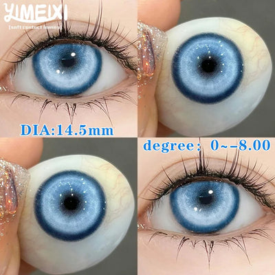YIMEIXI 1 Pair New Colored Contacts Lenses with Myopia 0~-8.00 Degree Yearly Cosplay Cosmetic Makeup Pupils 14.5mm Blue Eye Lens