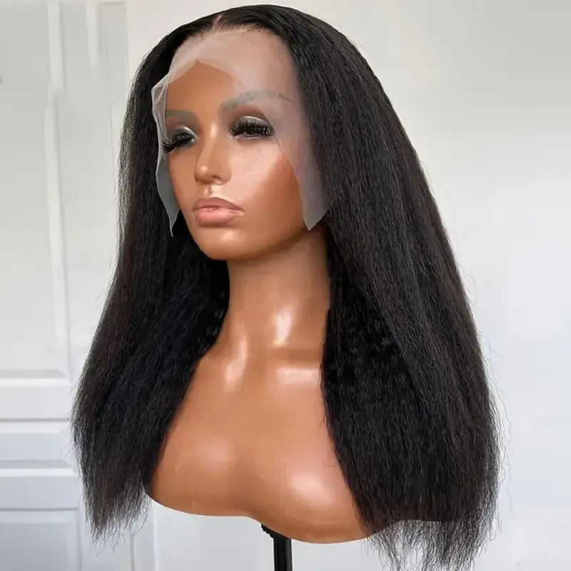 Black Yaki Lace Front Wig 30inch 180density Soft Kinky Straight Wig For Women Baby Hair Synthetic Wigs Heat Temperature Glueless