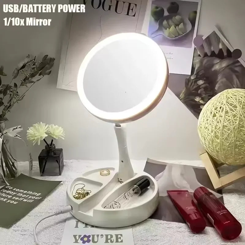 1X 10x Magnifying Vanity Mirror with LED Lighted Flexible Foldable Desk Makeup Mirror Lighting Dressing Makeup Lamp