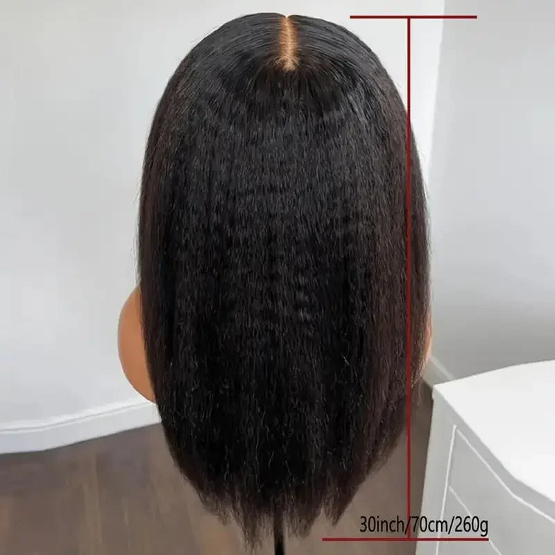 Black Yaki Lace Front Wig 30inch 180density Soft Kinky Straight Wig For Women Baby Hair Synthetic Wigs Heat Temperature Glueless
