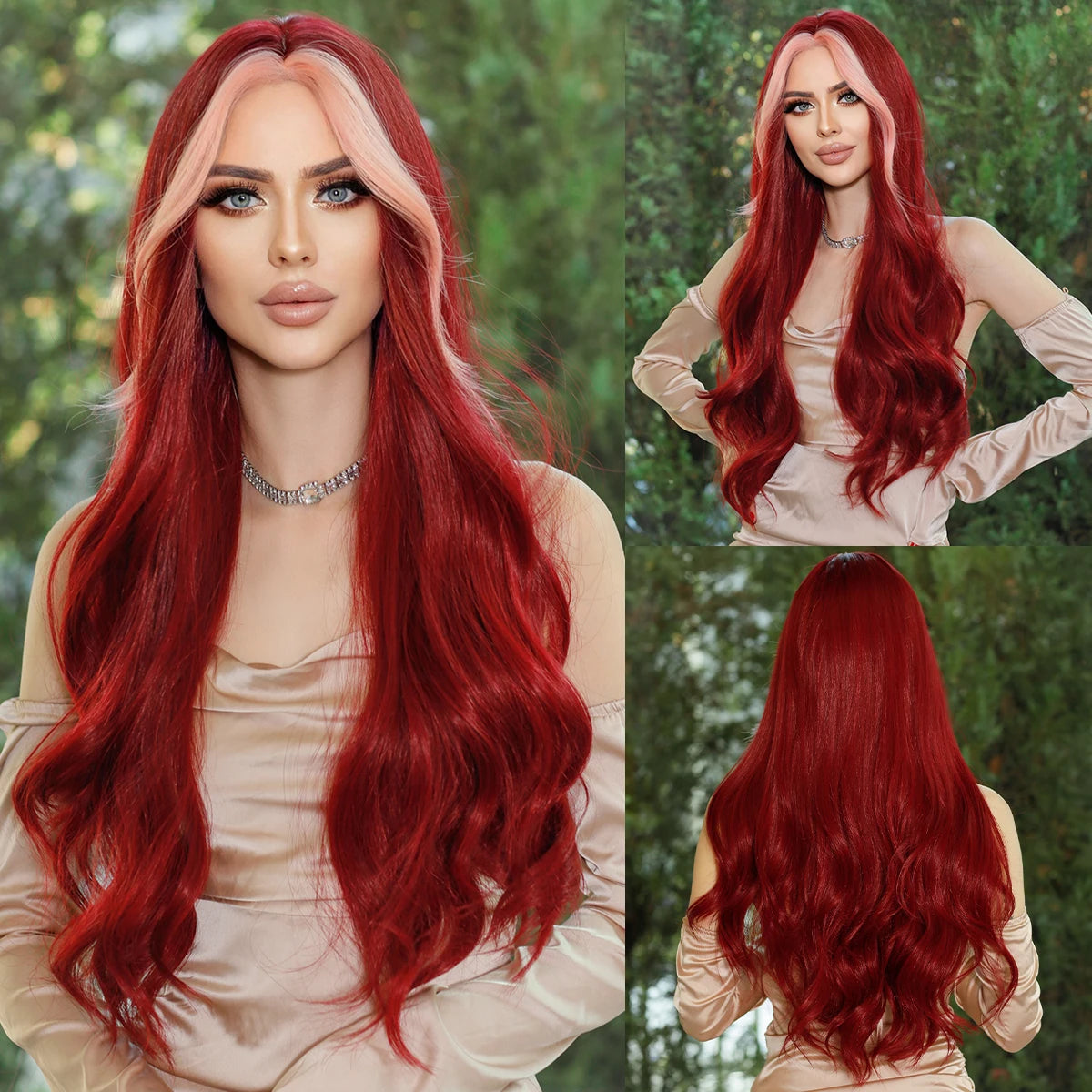 NAMM Highlight Skunk Red Wig Body Wave Synthetic Black Wig for Women Daily Party Use Highlight Red Wavy Wigs with Fluffy Bangs