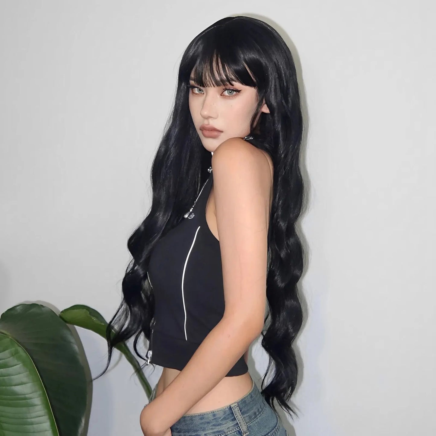 Nastural Black Synthetic Wigs Long Water Wave Wigs with Bangs Cosplay Daily Hair Wig for Women Wigs Heat Resistant Fiber