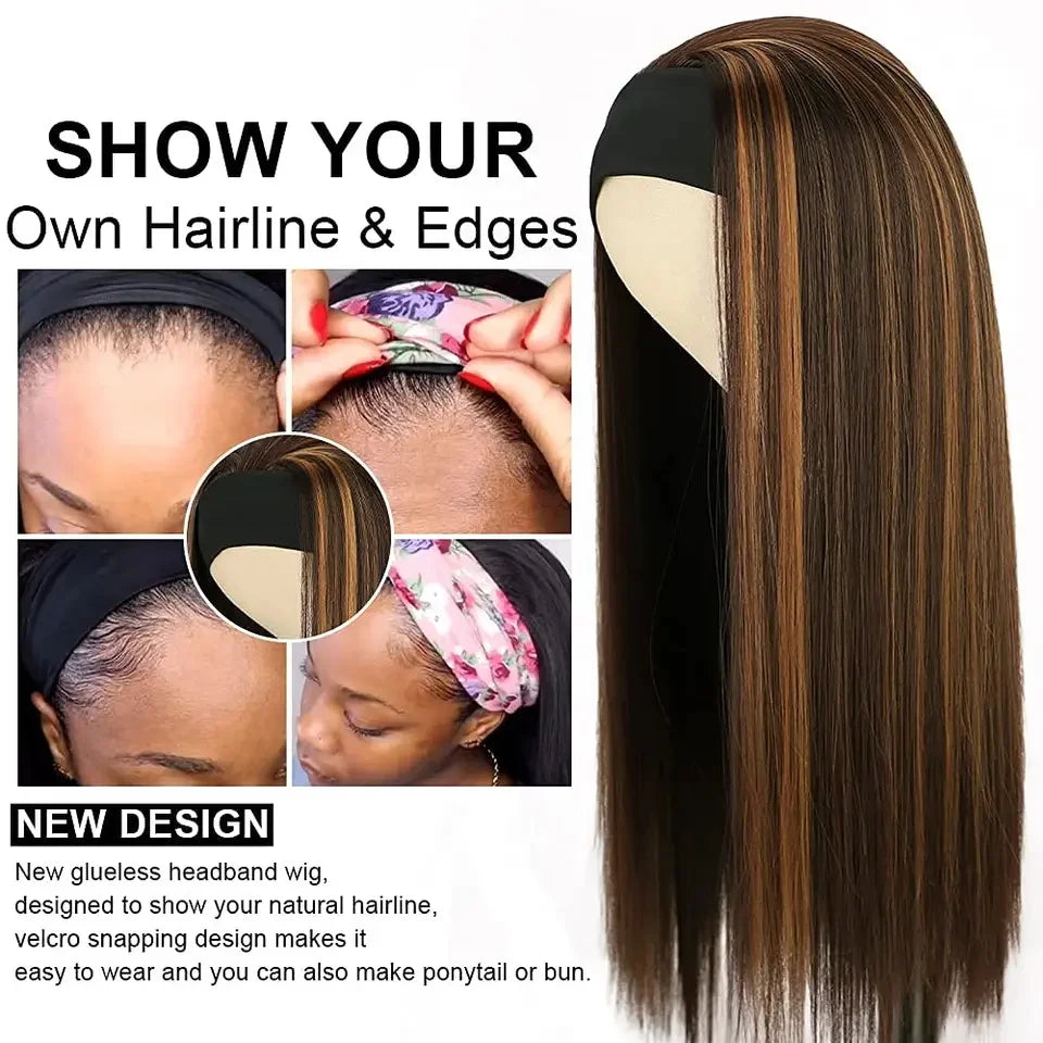 26-Inch Long Straight Headband Wig for Women Light Brown Highlight Glueless Charming Synthetic Hair
