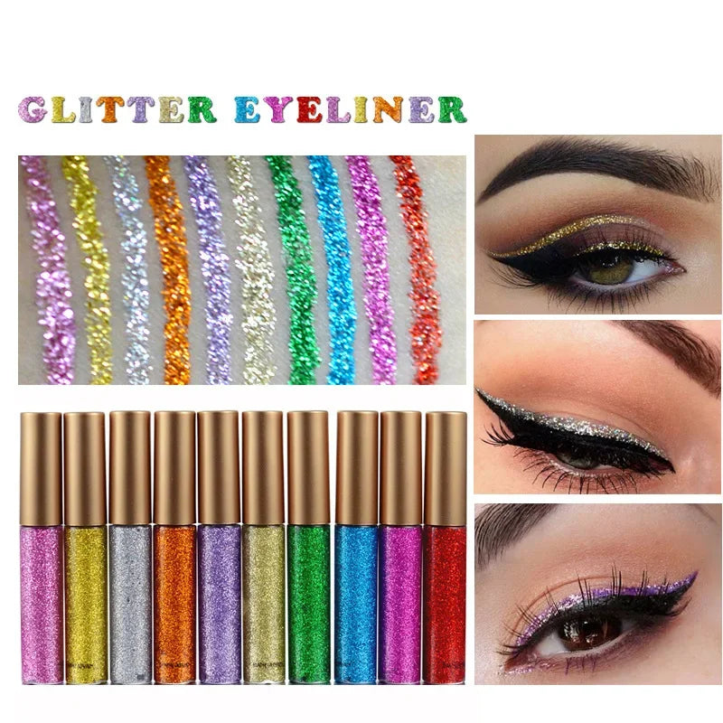 10pcs Liquid Glitter Eyeliner Set Metallic Shimmer Eye Liner Pen Long Lasting Sparkling Eyeshadow Tint Eyes Decoration Makeup