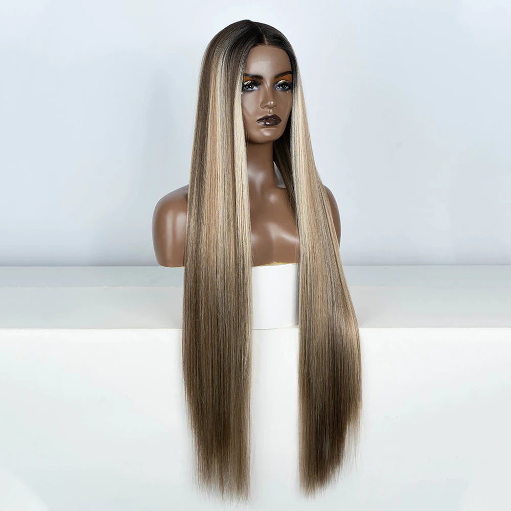 Synthetic Lace Front Wigs Highlight Brwon Blonde Black Wig For Women Long Straight  Lace WIg 38Inch Synthetic Heat Resistant Wig