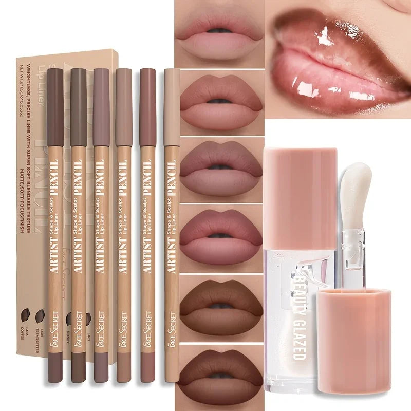 7Pcs Lip Set Velvet Matte Waterproof Lip Liner + Lip Oil Set Long-lasting Matte Lip Pencil Lip Liner Makeup Set
