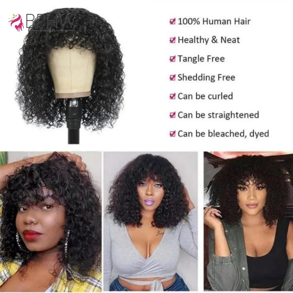 Water Wave Wig With Bangs Brazilian Human Hair For Women 180% Density Full Machine Made Deep Wave Curly Water Wigs BPHW Hair