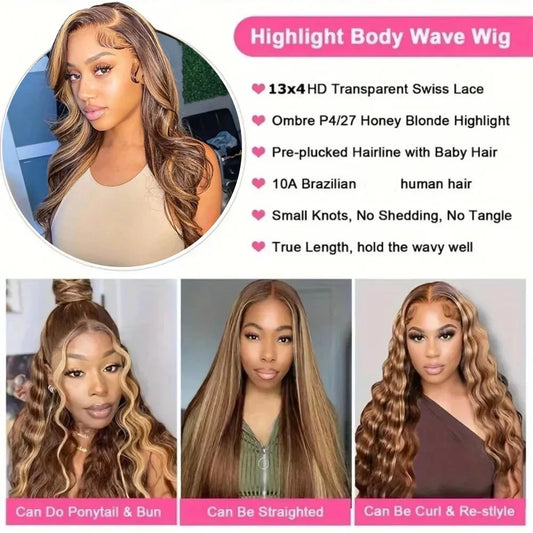 Peruvian Body Wave Highlight 13x4 Lace Front Wigs Human Hair Wigs For Women 4/27 Ombre Honey Blonde Body Wave Wigs Human Hair