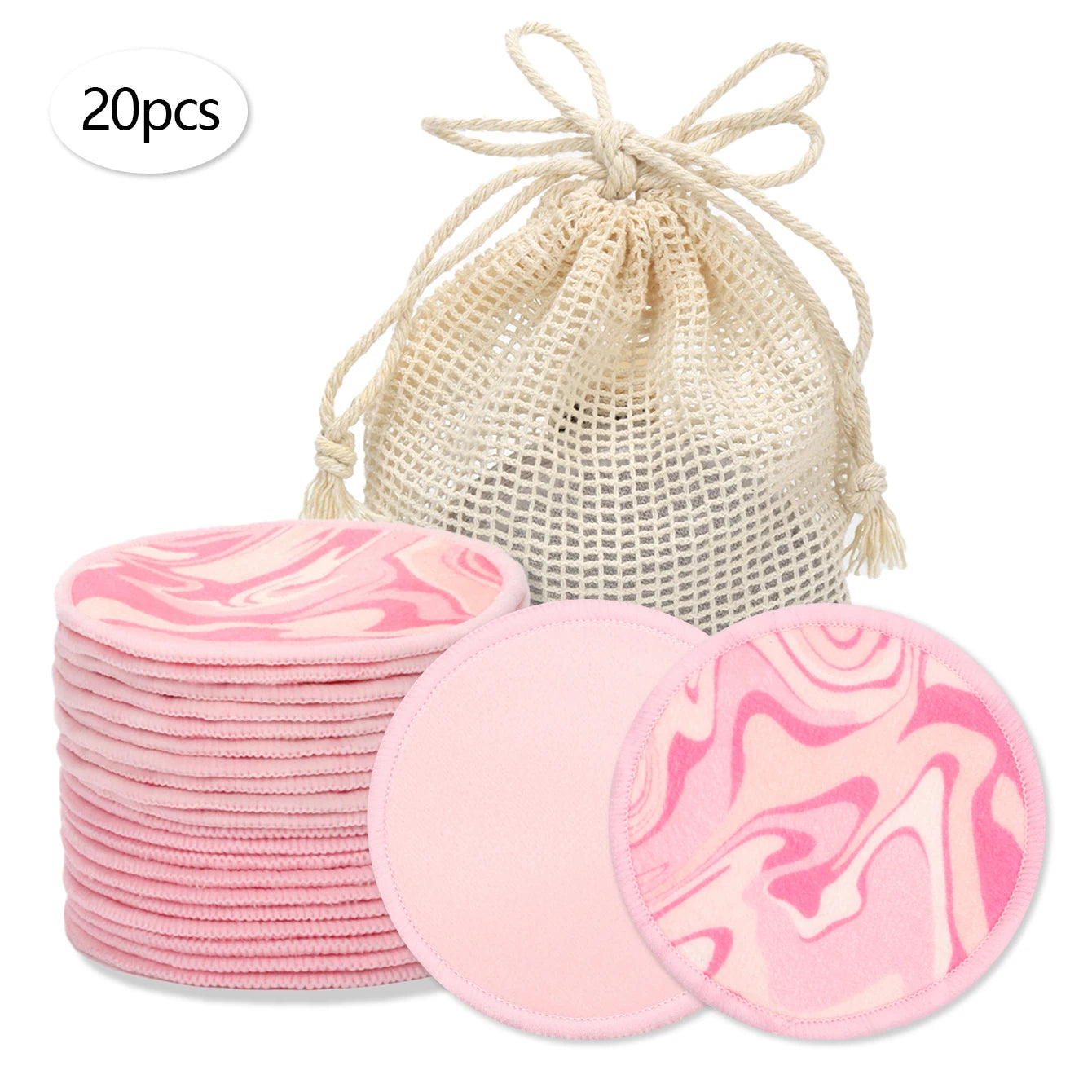 Double Round Makeup Remover Pads 20Pcs + Cleaning Mesh Bag, Machine Washable, Reusable, Suitable for All Skin Types