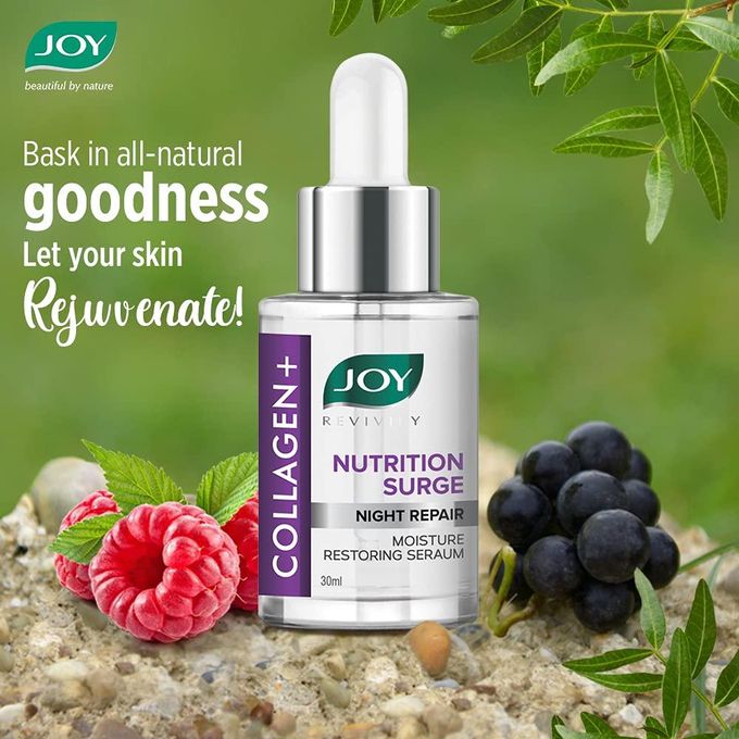 JOY REVIVIFY RASPBERRY Seed Oil & Collagen Night Face Serum. Restores Moisture, Reduces lines, wrinkles, firms, tightens skin, repairs, renews skin cells & Improves the skin Elasticity & Texture